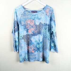 Gloria Vanderbilt Blouse M Blue Watercolor Rhinestone Embellished Open Sleeves